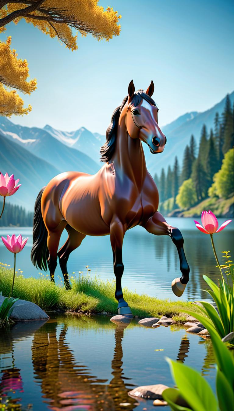  Professional 3D model of A horse stands in a magical clearing and looks out at a lake. The lake is surrounded by mountains and forests. There are fish in the water and you can see water lilies. The horse is standing under a tree that has started to lose its leaves. The horse is surrounded by beautiful flowers, bushes and trees. . Rendered with Octane, the model is highly detailed,dramatic lighting. hyperrealistic, full body, detailed clothing, highly detailed, cinematic lighting, stunningly beautiful, intricate, sharp focus, f/1. 8, 85mm, (centered image composition), (professionally color graded), ((bright soft diffused light)), volumetric fog, trending on instagram, trending on tumblr, HDR 4K, 8K