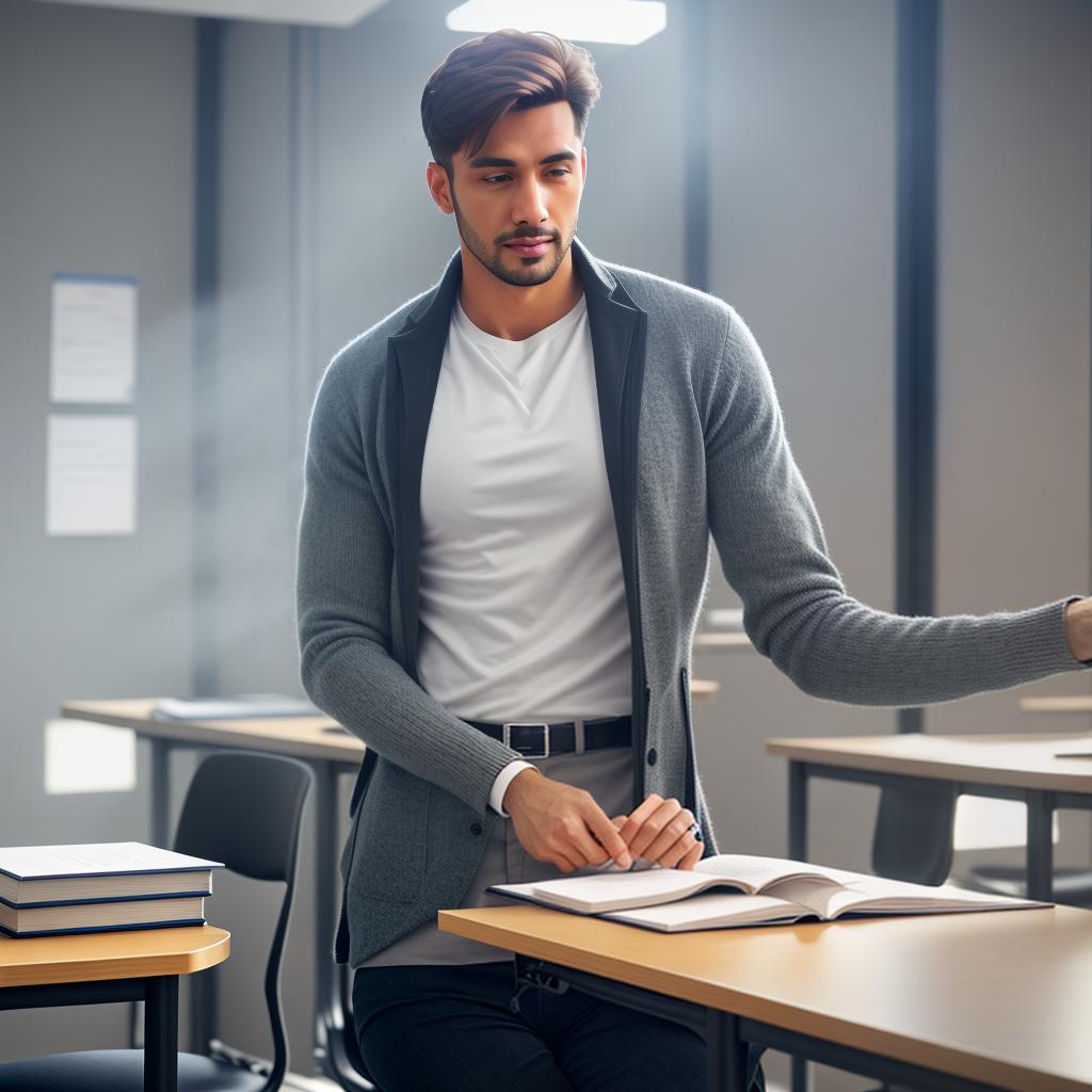  a male student who studying in the classroom of university. hyperrealistic, full body, detailed clothing, highly detailed, cinematic lighting, stunningly beautiful, intricate, sharp focus, f/1. 8, 85mm, (centered image composition), (professionally color graded), ((bright soft diffused light)), volumetric fog, trending on instagram, trending on tumblr, HDR 4K, 8K