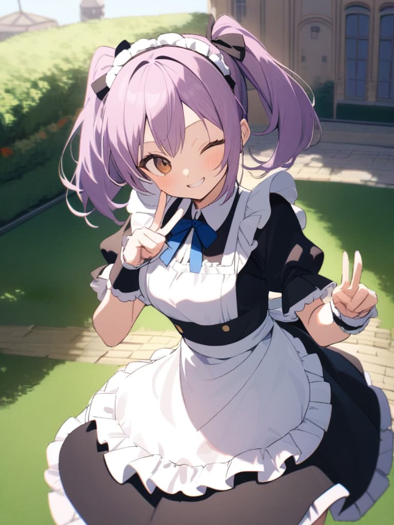  magnificent view,{{{ make heart symbol with fingers,make heart symbol with index fingers and middle fingers}}},{{maid ,solo,}},[[leaning forward]],{purple hair,twintails,short hair},{{brown eyes,one eye closed,surprised,smile}},{maid clothes,pink clothes,blue big ribbon on clothes,mini ,small s,frill },{{character focus,cowboy shot}},ilration,lawn square garden,outside mansion,,best quality,amazing quality,very aesthetic,absurdres, masterpiece, best quality,8k,ultra detailed,high resolution,an extremely delicate and beautiful,hyper detail