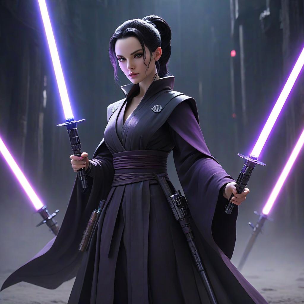  A pale skinned Jedi with black hair tied in a ponytail, shaved cheeks, dark eyes, a black cloak, and two purple lightsabers. hyperrealistic, full body, detailed clothing, highly detailed, cinematic lighting, stunningly beautiful, intricate, sharp focus, f/1. 8, 85mm, (centered image composition), (professionally color graded), ((bright soft diffused light)), volumetric fog, trending on instagram, trending on tumblr, HDR 4K, 8K