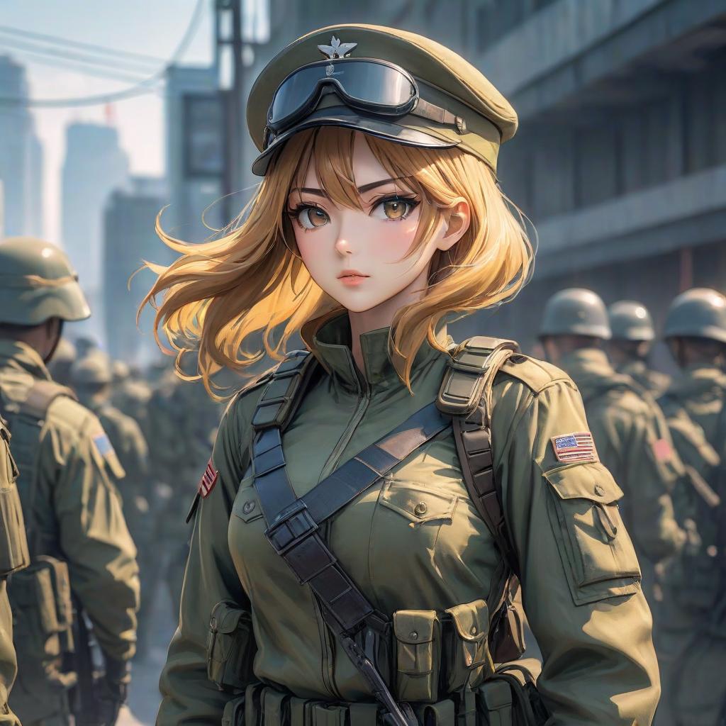  manga style Serious military girl artist in army gear . vibrant, high energy, detailed, iconic, Japanese comic style hyperrealistic, full body, detailed clothing, highly detailed, cinematic lighting, stunningly beautiful, intricate, sharp focus, f/1. 8, 85mm, (centered image composition), (professionally color graded), ((bright soft diffused light)), volumetric fog, trending on instagram, trending on tumblr, HDR 4K, 8K