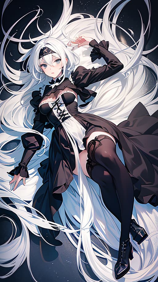  Anime Style, Manga Style,,The Victorian,dark background,,Gothic, full growth,black dress,white hair,short hair, ,2b,Nier Automat,blue eyes,headband on the head,birthmark,black stockings, dress,lace,boots stockings,Lying ,, (Manga Style, Yusuke Murata, Satoshi Kon, Ken Sugimori, Hiromu Arakawa), Pencil drawing, (B&W:1.2), Low detail, sketch, concept art, Anime style, line art, webtoon, manhua, chalk, hand drawn, defined lines, simple shades, simplistic, manga page, minimalistic, High contrast, Precision artwork, Linear compositions, Scalable artwork, Digital art, High Contrast Shadows hyperrealistic, full body, detailed clothing, highly detailed, cinematic lighting, stunningly beautiful, intricate, sharp focus, f/1. 8, 85mm, (centered image composition), (professionally color graded), ((bright soft diffused light)), volumetric fog, trending on instagram, trending on tumblr, HDR 4K, 8K