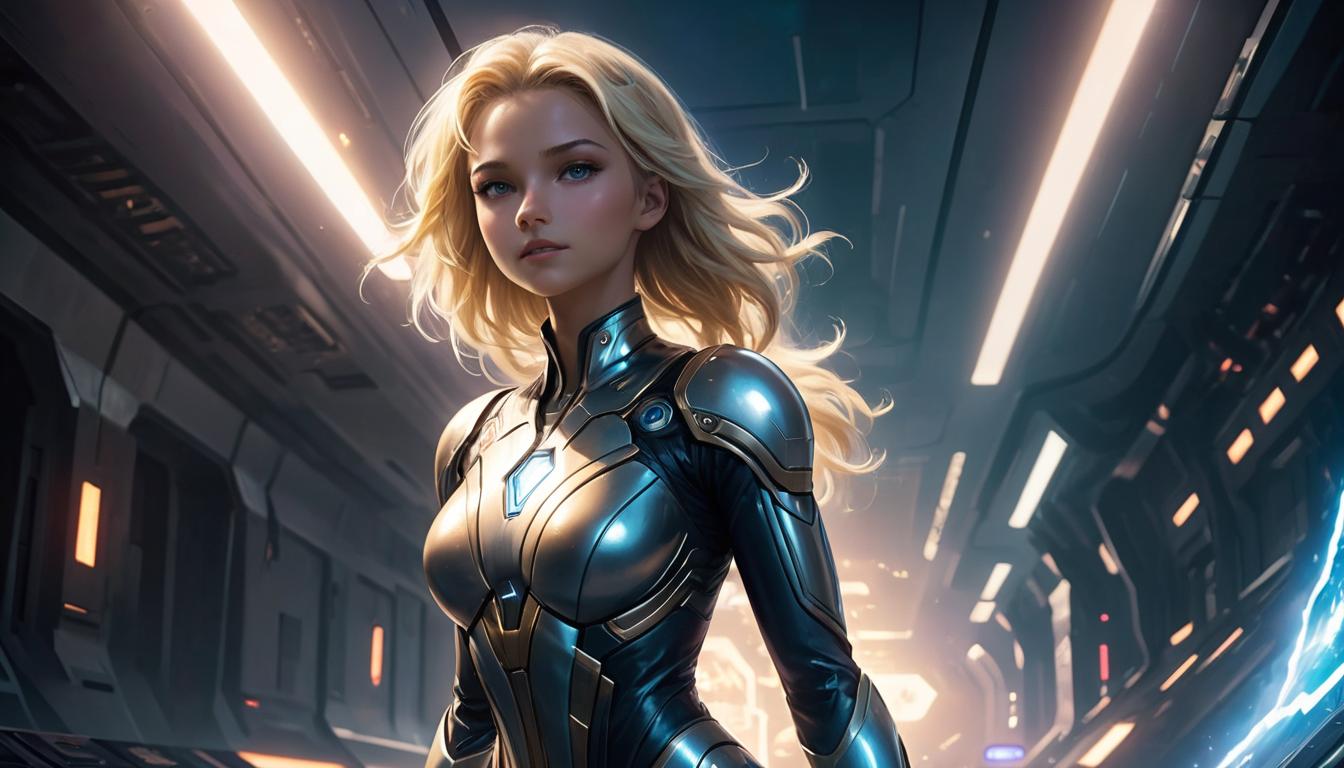  1girl, large busted attractive blonde arian female humanoid, uplifting others, ethereal setting, cosmic energy beams, aura of inspiration, high tech clothing clad in sleek, futuristic costume with metallic accents and form fitting designs, marvel superhero comics style, unreal engine rendering