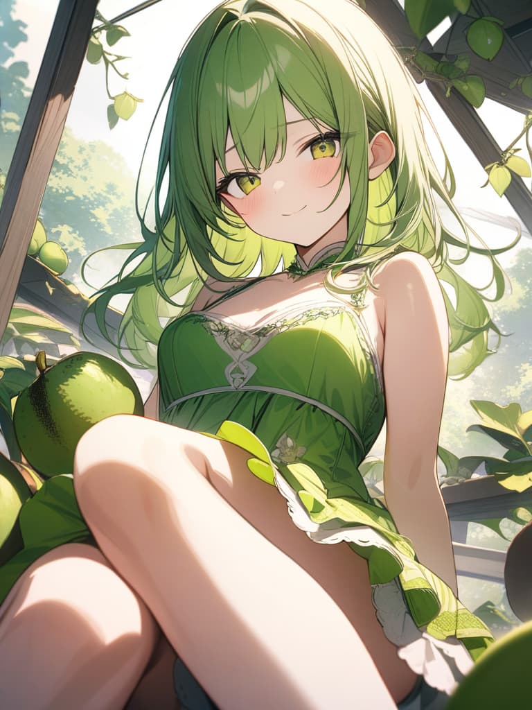  Cute, girl, yellow green eyes, yellow green hair color, kiwi decoration, kiwi fruit, vine, shy face, green frill dress, half twin, open legs, smiles, masterpiece, best quality,8k,ultra detailed,high resolution,an extremely delicate and beautiful,hyper detail