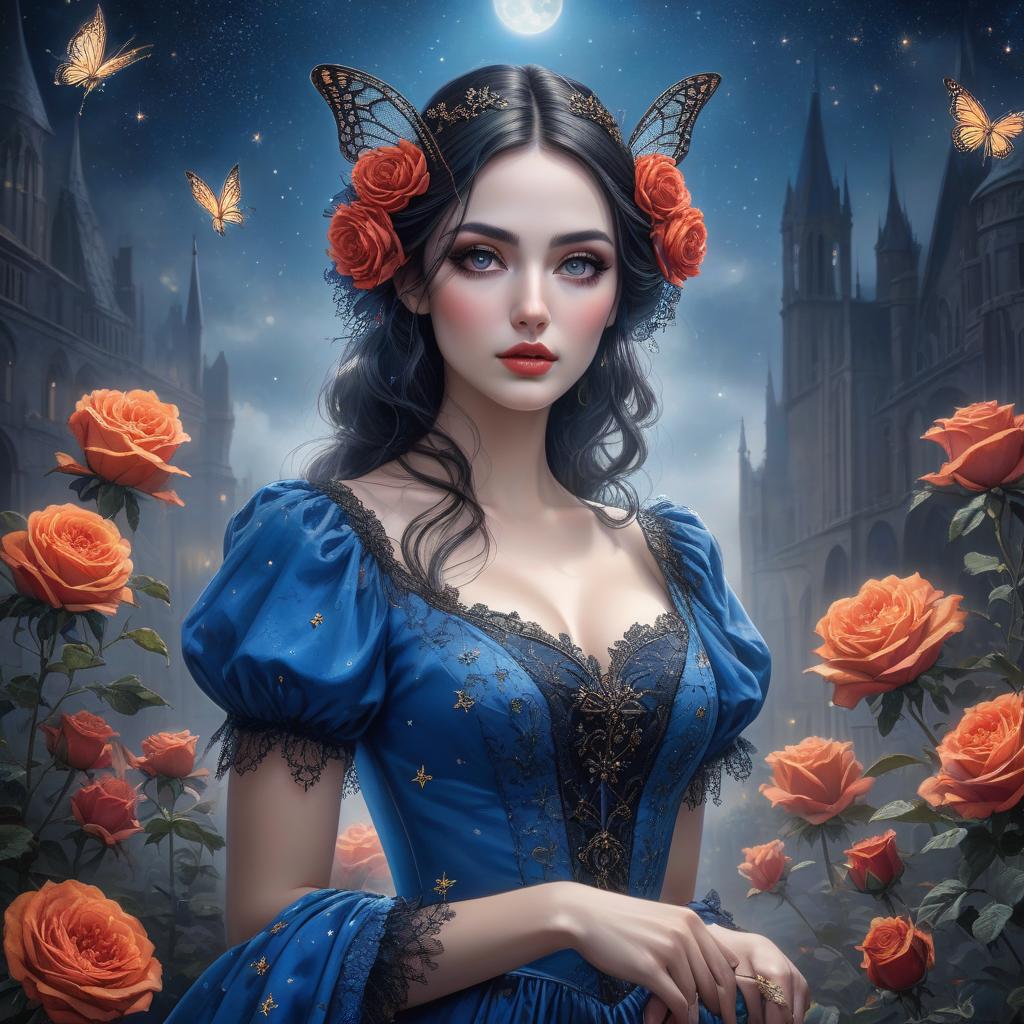  gothic style A whimsical portrait of a woman with gles, ids, and a starry night background, featuring vint flowers and erflies. Starry night. Beautiful, cute freckled 2 model with beautiful eyes, ids and gles in beautiful blue dress. Stunningly beautiful place. splashes of lovely color. roses and erflies. Colorful Painting painted by genius painter. . dark, mysterious, haunting, dramatic, ornate, detailed hyperrealistic, full body, detailed clothing, highly detailed, cinematic lighting, stunningly beautiful, intricate, sharp focus, f/1. 8, 85mm, (centered image composition), (professionally color graded), ((bright soft diffused light)), volumetric fog, trending on instagram, trending on tumblr, HDR 4K, 8K