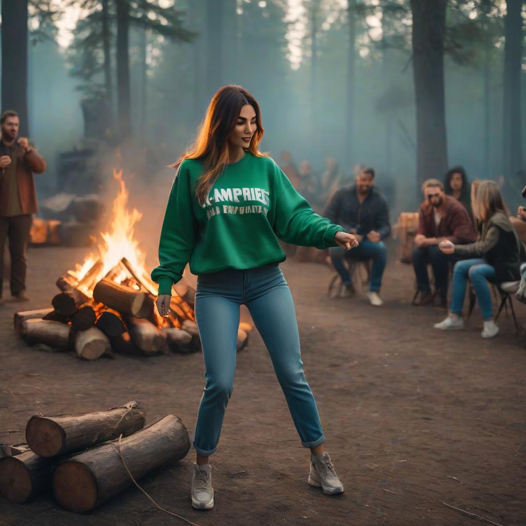  a woman dances with a tambourine by a campfire dressed in a green sweatshirt and jeans hyperrealistic, full body, detailed clothing, highly detailed, cinematic lighting, stunningly beautiful, intricate, sharp focus, f/1. 8, 85mm, (centered image composition), (professionally color graded), ((bright soft diffused light)), volumetric fog, trending on instagram, trending on tumblr, HDR 4K, 8K