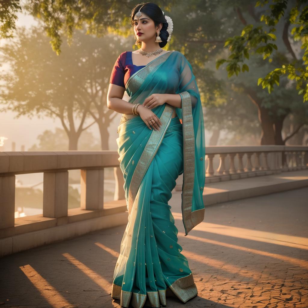  a Chubby indian women in blue saree, at greenery park, clean face details, portrait, hyperrealistic, full body, detailed clothing, highly detailed, cinematic lighting, stunningly beautiful, intricate, sharp focus, f/1. 8, 85mm, (centered image composition), (professionally color graded), ((bright soft diffused light)), volumetric fog, trending on instagram, trending on tumblr, HDR 4K, 8K