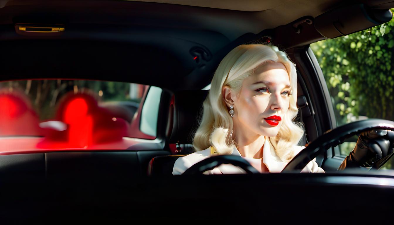  cinematic photo An elegant blonde with long white hair and red lips is driving a "Mercedes". . 35mm photograph, film, bokeh, professional, 4k, highly detailed, FILM PHOTOGRAPHY STYLE hyperrealistic, full body, detailed clothing, highly detailed, cinematic lighting, stunningly beautiful, intricate, sharp focus, f/1. 8, 85mm, (centered image composition), (professionally color graded), ((bright soft diffused light)), volumetric fog, trending on instagram, trending on tumblr, HDR 4K, 8K