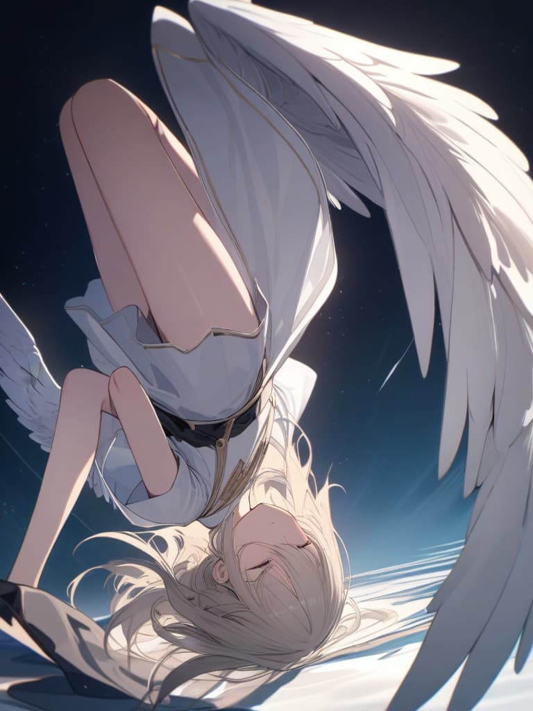  ultra detailed:1.2masterpiece:1.2,best quality,masterpiece,bestquality,hdr:1.1,8k:1.1,very cute girl:1.3,closed eyes:1.1,(fullbody:1.2),(angel wing:1.7),(angel halo)(falling:1.3),(feather :1.3),(flip upside down:1.7),Fallon angle:1.4,from front:1.4,close mouth,sleep eyes :,closed legs:1.4,arms down:1.3, masterpiece, best quality,8k,ultra detailed,high resolution,an extremely delicate and beautiful,hyper detail