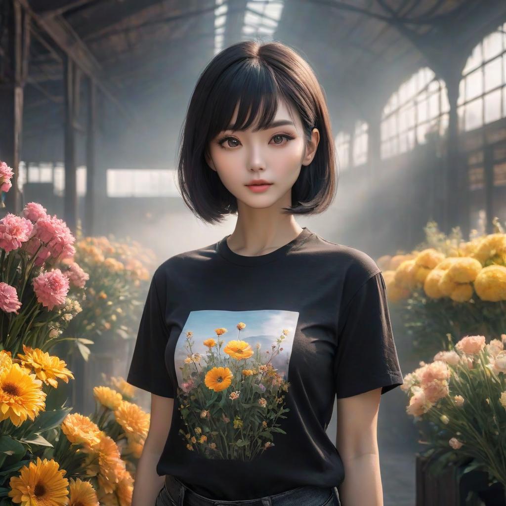  a woman, with flowers in her hands, stands tall, in the background, in a black T shirt hyperrealistic, full body, detailed clothing, highly detailed, cinematic lighting, stunningly beautiful, intricate, sharp focus, f/1. 8, 85mm, (centered image composition), (professionally color graded), ((bright soft diffused light)), volumetric fog, trending on instagram, trending on tumblr, HDR 4K, 8K