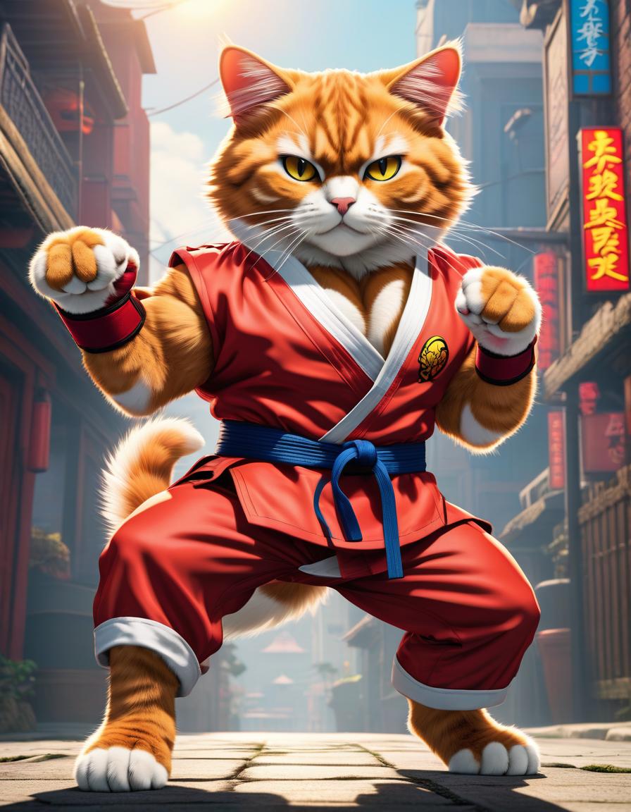  Street Fighter style Funny flaffy karate cat, anime, multicolored, cartoon style, flat style, bright colors, sunny day, thin contours, coloring . vibrant, dynamic, arcade, 2D fighting game, highly detailed, reminiscent of Street Fighter series hyperrealistic, full body, detailed clothing, highly detailed, cinematic lighting, stunningly beautiful, intricate, sharp focus, f/1. 8, 85mm, (centered image composition), (professionally color graded), ((bright soft diffused light)), volumetric fog, trending on instagram, trending on tumblr, HDR 4K, 8K