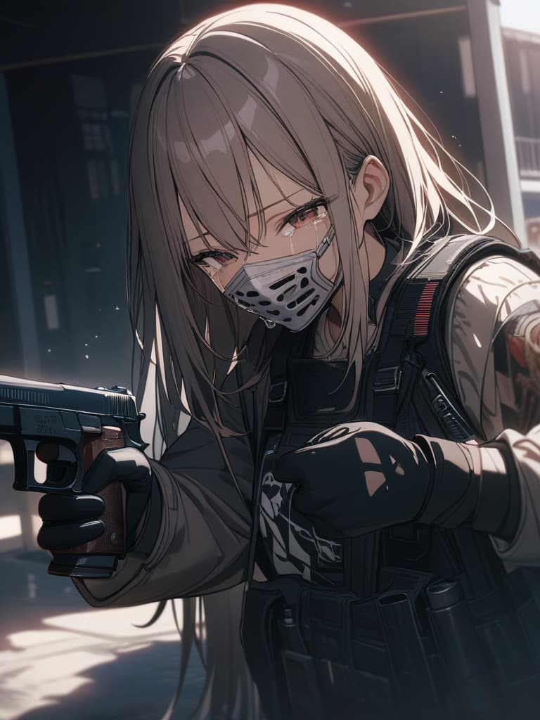  Pistols, muzzle toward opponents, crying, police officers, polys, guns, crying, smiling, shooting, emo, shooting with long hair, handguns, masterpiece, best quality,8k,ultra detailed,high resolution,an extremely delicate and beautiful,hyper detail