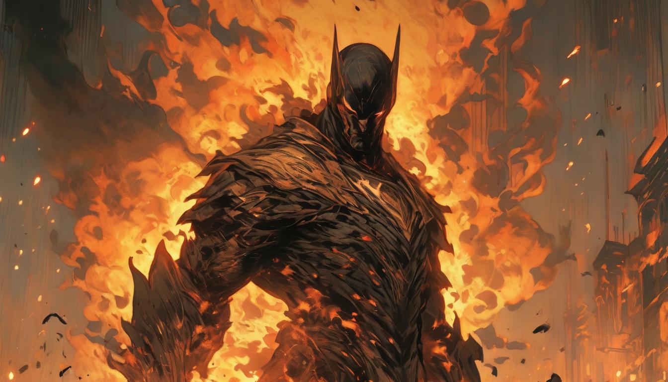  hyperrealism,fantasy aestheticBonfire, fierce flames leaping, Jan Hus standing firm amidst them, grim determination, defiance against persecution, high tech clothing clad in sleek, futuristic costume with metallic accents and form fitting designs, marvel superhero comics style, unreal engine rendering