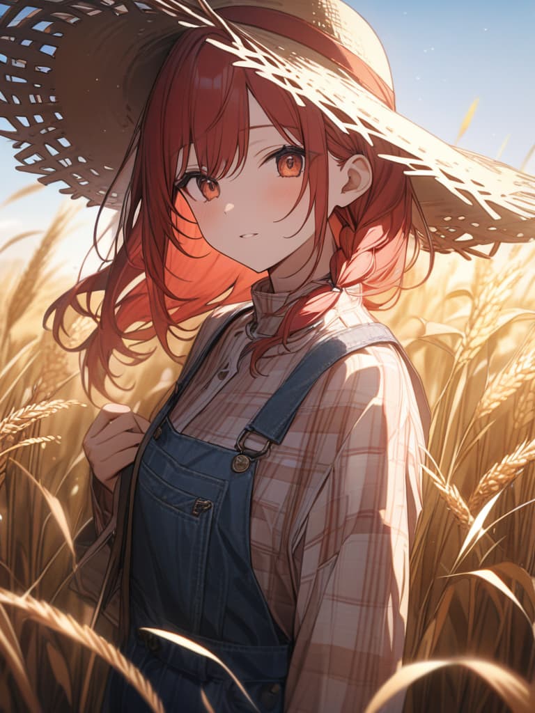  Red hair, woman, braid, overall, plaid shirt, straw hat, wheat field, masterpiece, best quality,8k,ultra detailed,high resolution,an extremely delicate and beautiful,hyper detail