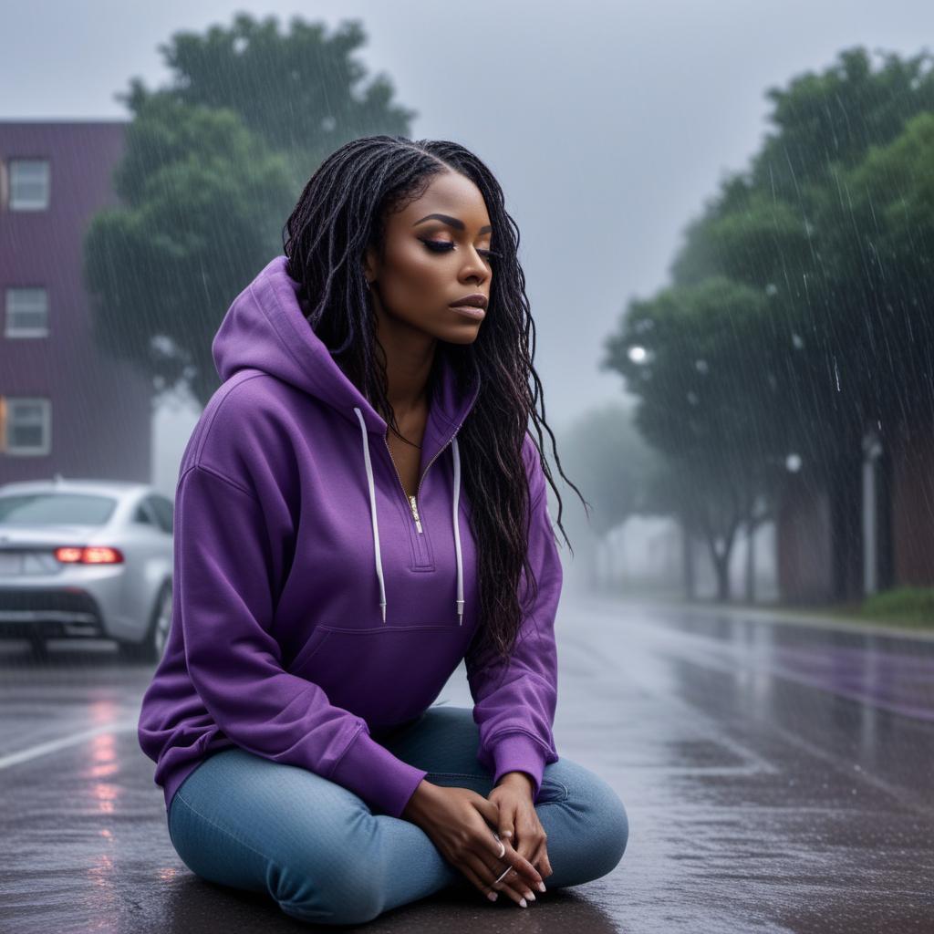  Black woman with long hair on her knees praying wearing purple sweatshirt and jeans with purple sneakers on, with rain falling in the background. hyperrealistic, full body, detailed clothing, highly detailed, cinematic lighting, stunningly beautiful, intricate, sharp focus, f/1. 8, 85mm, (centered image composition), (professionally color graded), ((bright soft diffused light)), volumetric fog, trending on instagram, trending on tumblr, HDR 4K, 8K