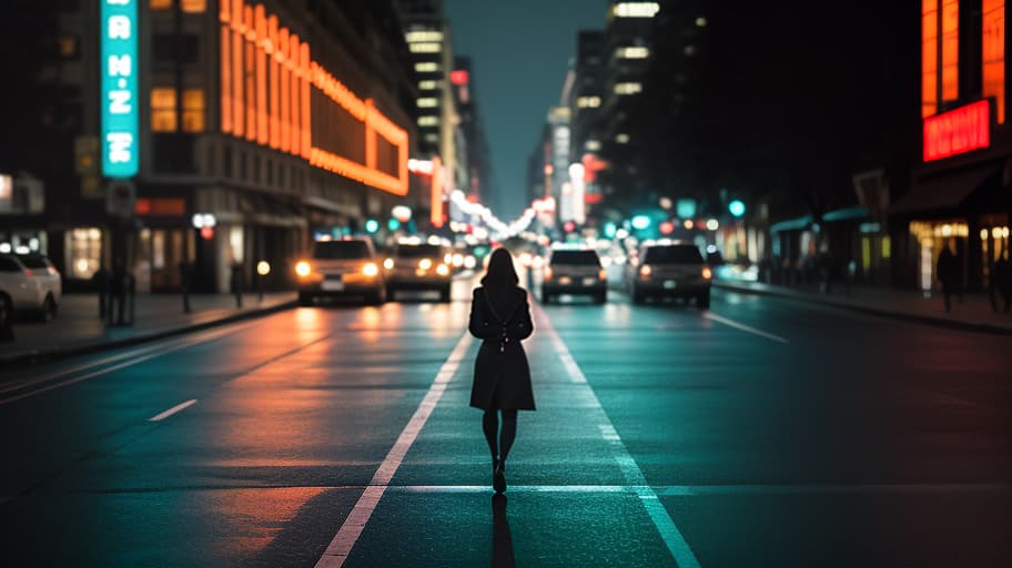  (dark shot:1.4), 80mm, A person is walking down the middle of the street taking photos from the back, approaching others., soft light, sharp, exposure blend, medium shot, bokeh, (hdr:1.4), high contrast, (cinematic, teal and orange:0.85), (muted colors, dim colors, soothing tones:1.3), low saturation, (hyperdetailed:1.2), (noir:0.4) hyperrealistic, full body, detailed clothing, highly detailed, cinematic lighting, stunningly beautiful, intricate, sharp focus, f/1. 8, 85mm, (centered image composition), (professionally color graded), ((bright soft diffused light)), volumetric fog, trending on instagram, trending on tumblr, HDR 4K, 8K