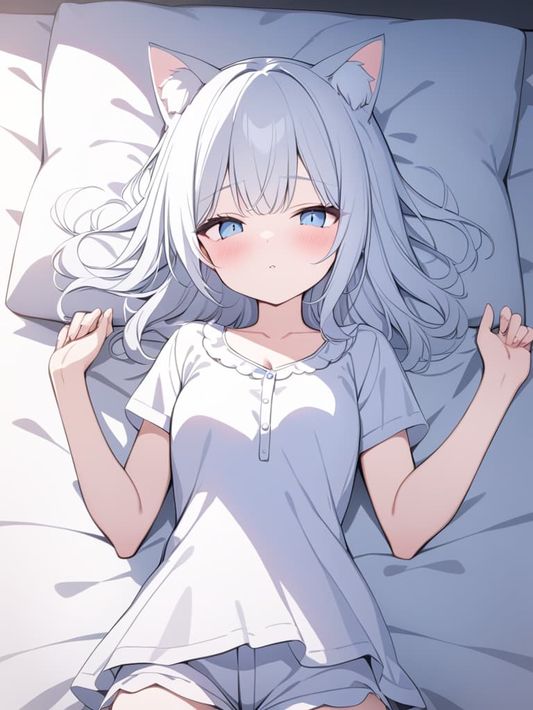  White hair, cat ears, light blue eyes, night, bed, sleeping, cute, young , pajamas, masterpiece, best quality,8k,ultra detailed,high resolution,an extremely delicate and beautiful,hyper detail