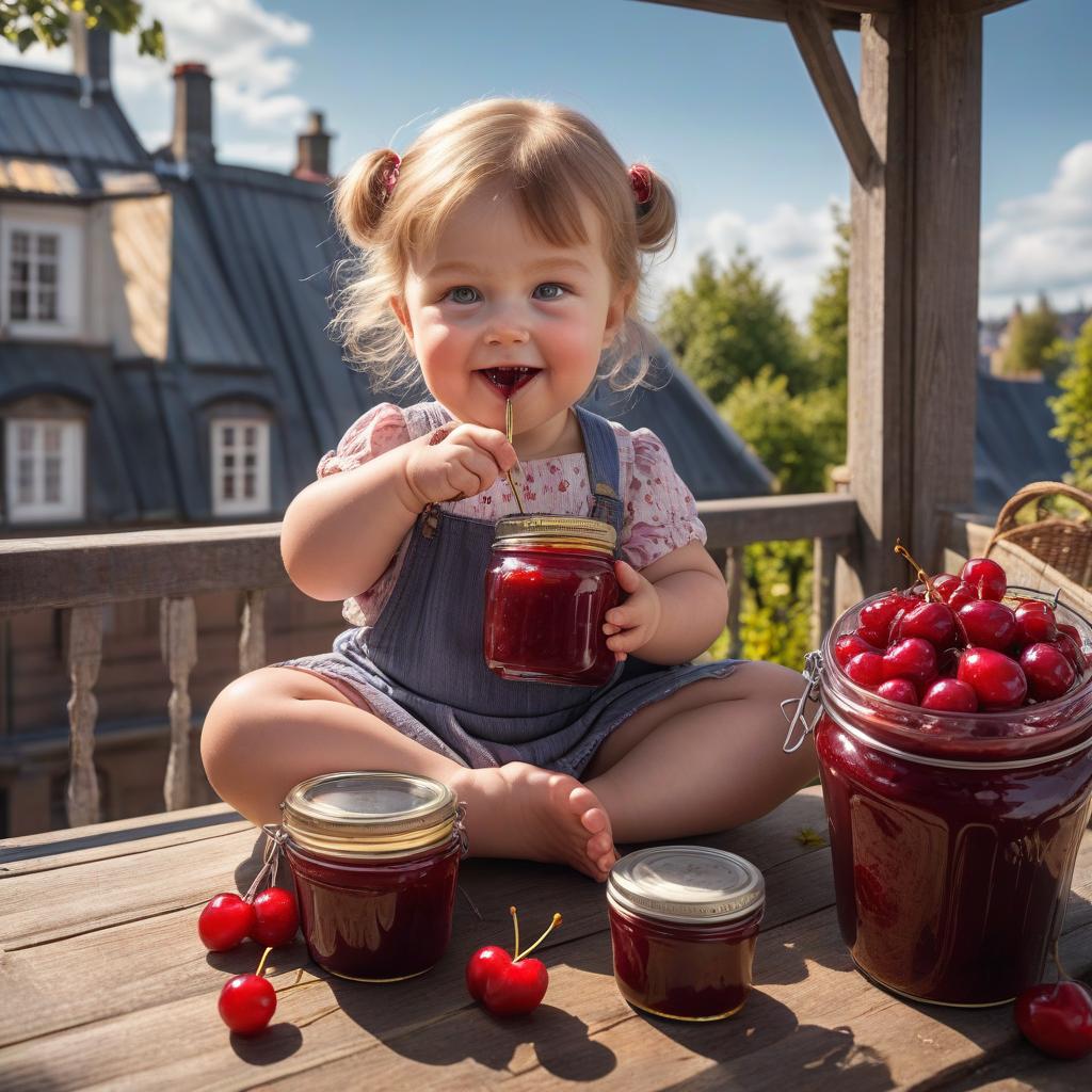  A cheerful Little chubby girl sits with her legs wrapped around a large jar of jam and eats cherry jam with her hand, lives on the roof, based on a story by Swedish writer Astrid Lindgren hyperrealistic, full body, detailed clothing, highly detailed, cinematic lighting, stunningly beautiful, intricate, sharp focus, f/1. 8, 85mm, (centered image composition), (professionally color graded), ((bright soft diffused light)), volumetric fog, trending on instagram, trending on tumblr, HDR 4K, 8K