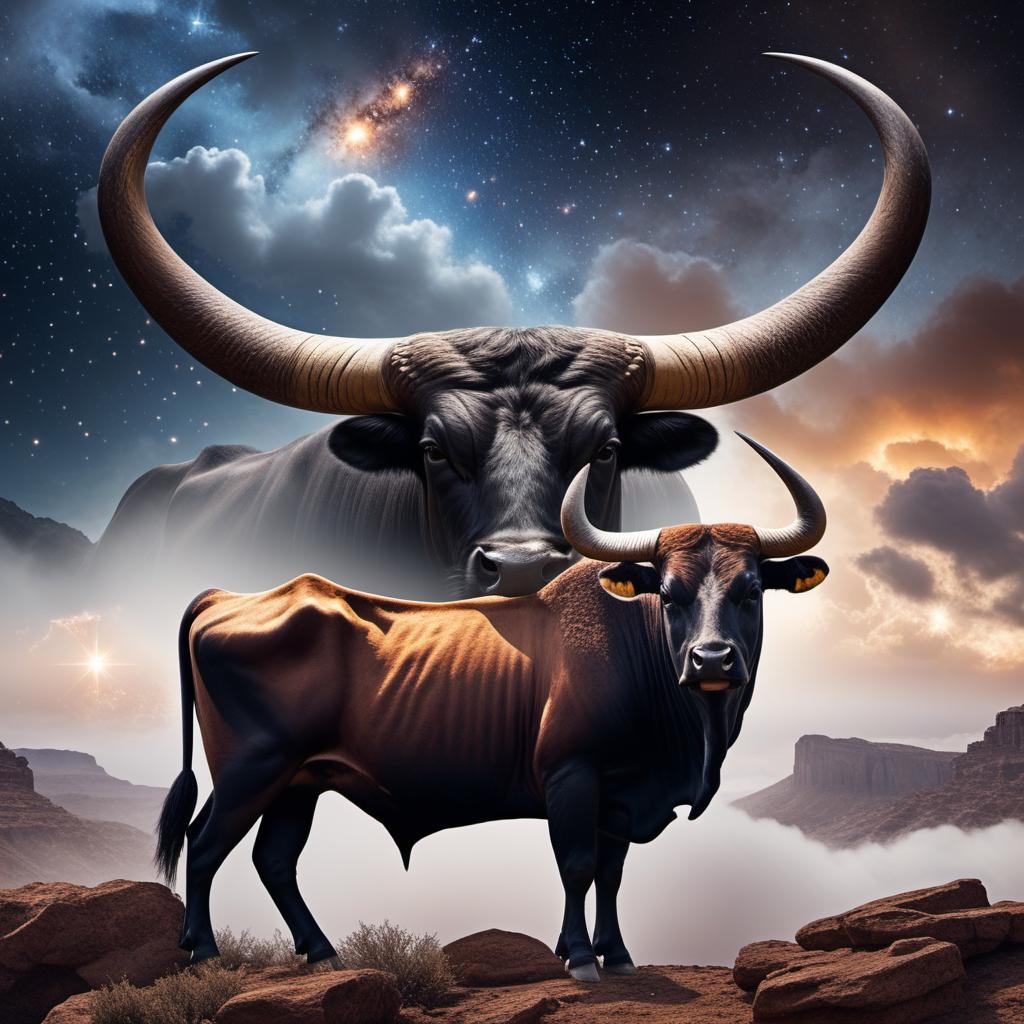  A visual representation of the compatibility between a Taurus man and a Scorpio woman. The scene should include symbolic elements: Taurus represented by a bull and Scorpio by a scorpion. Show elements that reflect passion, loyalty, and trust, such as intertwining vines or hearts. Include elements of challenges like thunderclouds or a scale to represent balance. The background should be mystical and starry, indicating the cosmic connection and astrology. Include headings and brief descriptions of Strengths, Challenges, and Tips for a Successful Relationship. hyperrealistic, full body, detailed clothing, highly detailed, cinematic lighting, stunningly beautiful, intricate, sharp focus, f/1. 8, 85mm, (centered image composition), (professionally color graded), ((bright soft diffused light)), volumetric fog, trending on instagram, trending on tumblr, HDR 4K, 8K