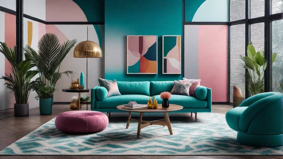  Create an image of a vibrant living room inspired by retro 80s design. The room should incorporate bold colors like teal, pink, and yellow, with geometric wallpaper on the walls. Include a large round sofa in a vibrant shade of turquoise as a focal point. Add retro decor items like lava lamps, geometric art pieces, and shag rugs to enhance the nostalgic vibe. hyperrealistic, full body, detailed clothing, highly detailed, cinematic lighting, stunningly beautiful, intricate, sharp focus, f/1. 8, 85mm, (centered image composition), (professionally color graded), ((bright soft diffused light)), volumetric fog, trending on instagram, trending on tumblr, HDR 4K, 8K