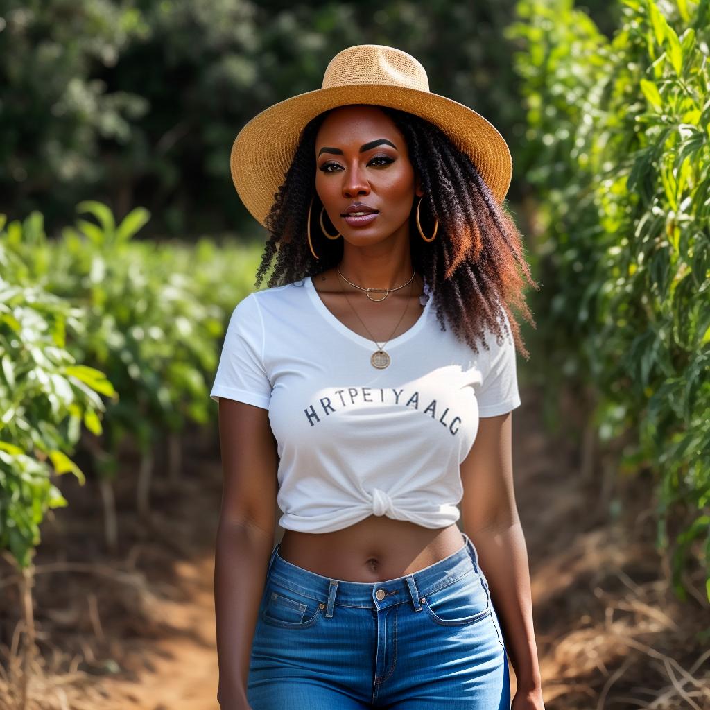  a beautiful African girl in farm, jeans and tshirt hyperrealistic, full body, detailed clothing, highly detailed, cinematic lighting, stunningly beautiful, intricate, sharp focus, f/1. 8, 85mm, (centered image composition), (professionally color graded), ((bright soft diffused light)), volumetric fog, trending on instagram, trending on tumblr, HDR 4K, 8K
