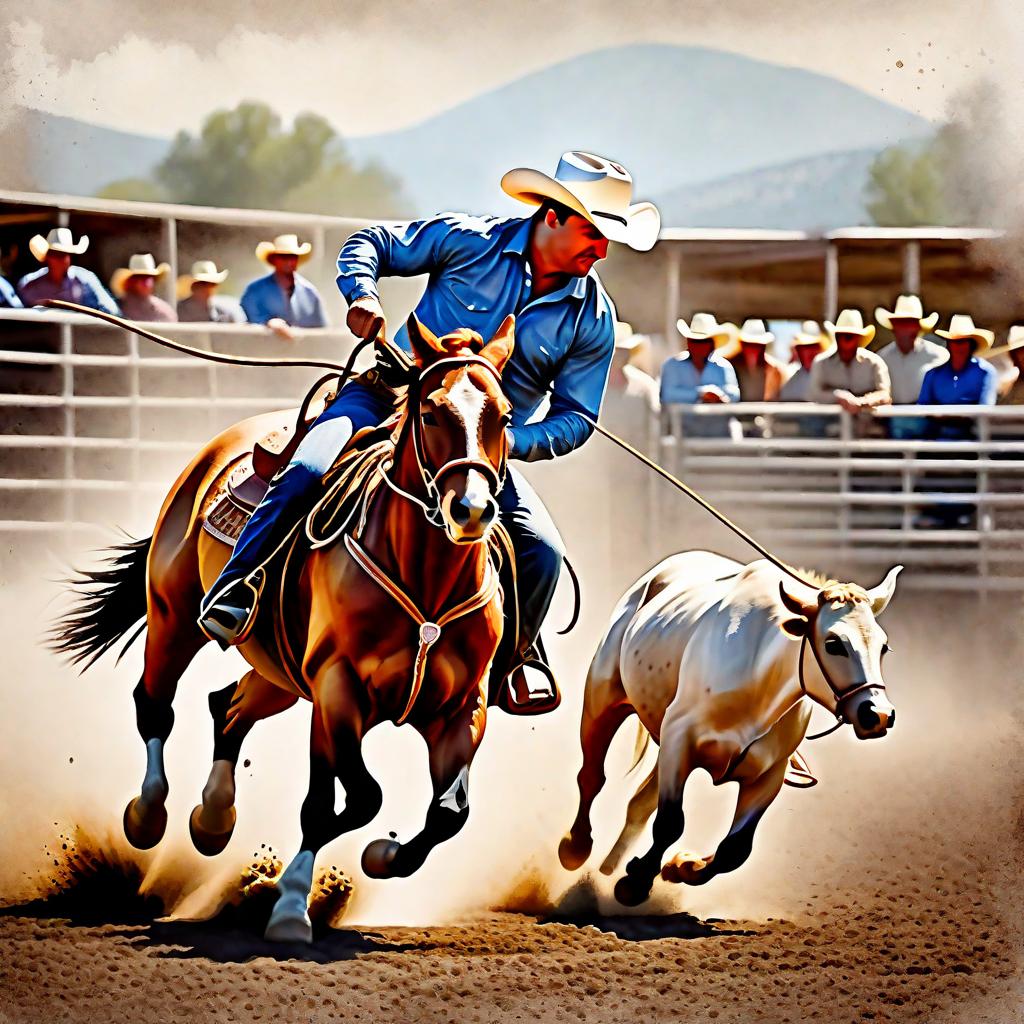  Create a watercolor painting of calf roping at a rodeo. The background features soft, watercolor style splashes in earthy tones, giving the image an artistic and dreamy feel. Ensure the overall image has a delicate watercolor effect.