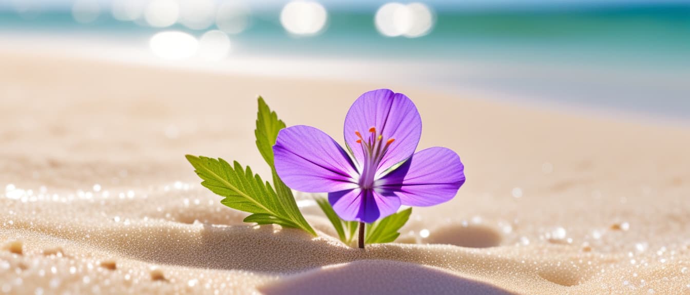  Macro Photography, Beach summer panoramic background with Crane's bill flower on the cristal sand and glory water, close up, macro 100mm, macro photography