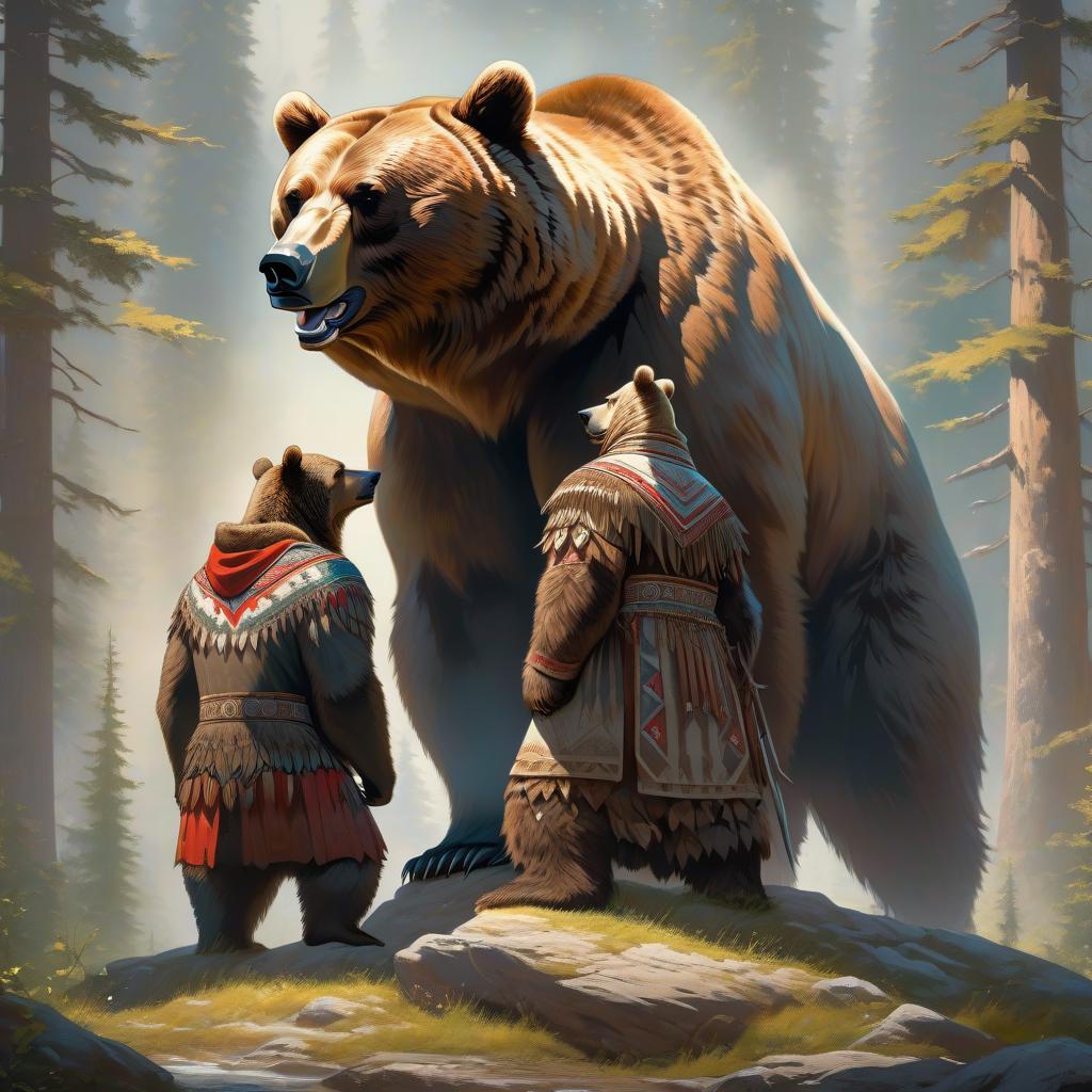  In the image, there is one man and one bear. They are of the same height. The bear and the young man are standing on their legs and looking at each other in the face. The bear is standing on the left. The man is of Slavic appearance and is wearing the clothing of northern peoples. The man on the right is looking at the bear. The bear is dancing. hyperrealistic, full body, detailed clothing, highly detailed, cinematic lighting, stunningly beautiful, intricate, sharp focus, f/1. 8, 85mm, (centered image composition), (professionally color graded), ((bright soft diffused light)), volumetric fog, trending on instagram, trending on tumblr, HDR 4K, 8K