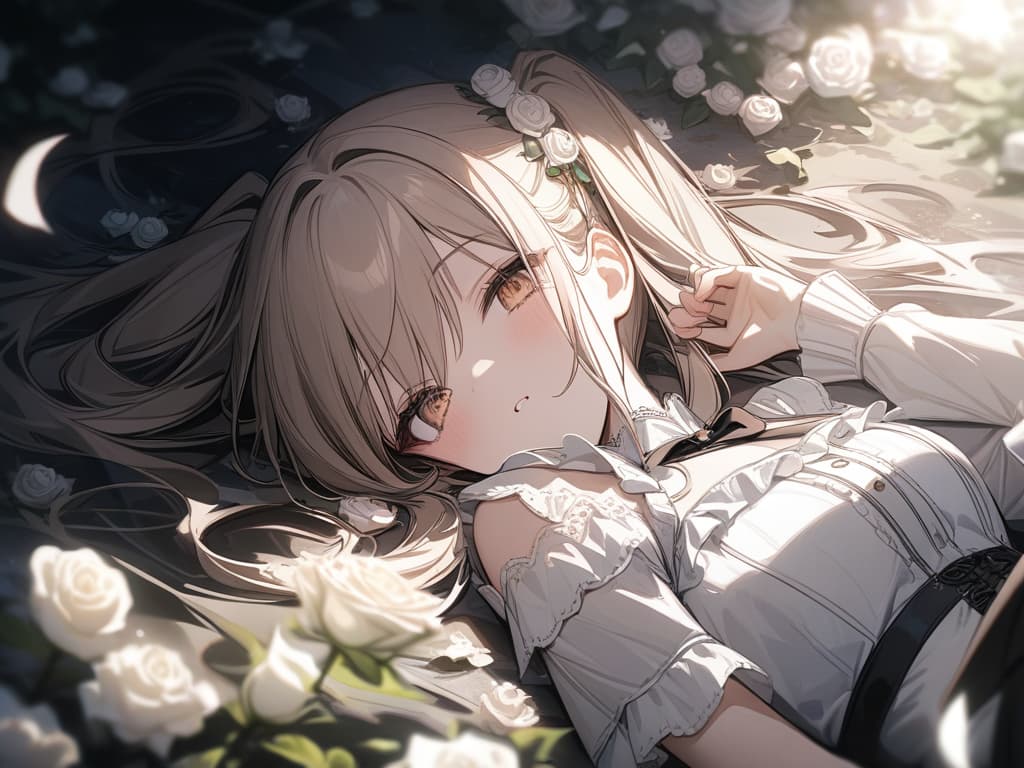  Girl, hair color beige, gothic fashion with many red, white frills, many white roses, white roses, stars, fleeting, light, twin tails, lying down, masterpiece, best quality,8k,ultra detailed,high resolution,an extremely delicate and beautiful,hyper detail