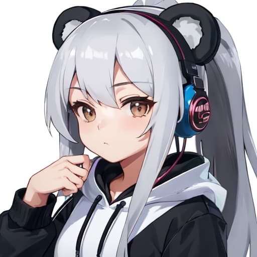  master piece , best quality,Bukabuka Hoodie Bear Ears Girl Headphones Silver Hair Ponytail