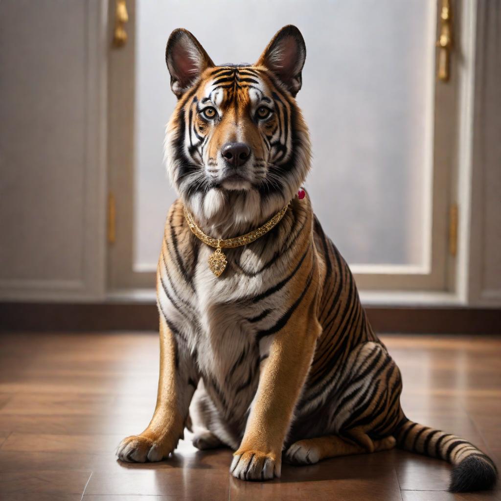  Medium-sized brindle coat dog (tiger-striped pattern) sitting indoors, with its right paw lifted and giving its paw to a person. The dog wears a gold crown on its head, symbolizing it as a 'king' or 'queen'. The environment is clean, possibly a home, vet's office, showing a closed door and edge of a window in the background. The dog looks attentive and trusting. hyperrealistic, full body, detailed clothing, highly detailed, cinematic lighting, stunningly beautiful, intricate, sharp focus, f/1. 8, 85mm, (centered image composition), (professionally color graded), ((bright soft diffused light)), volumetric fog, trending on instagram, trending on tumblr, HDR 4K, 8K