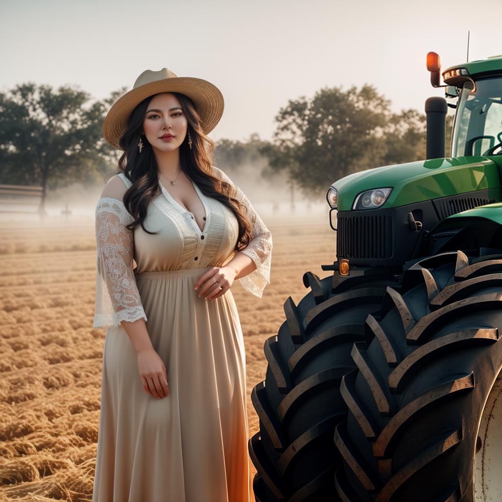  Chubby USA girl in wearing Cowboy clothes portrait at farm, bulls in Background, Tractor in background, Clean face details hyperrealistic, full body, detailed clothing, highly detailed, cinematic lighting, stunningly beautiful, intricate, sharp focus, f/1. 8, 85mm, (centered image composition), (professionally color graded), ((bright soft diffused light)), volumetric fog, trending on instagram, trending on tumblr, HDR 4K, 8K