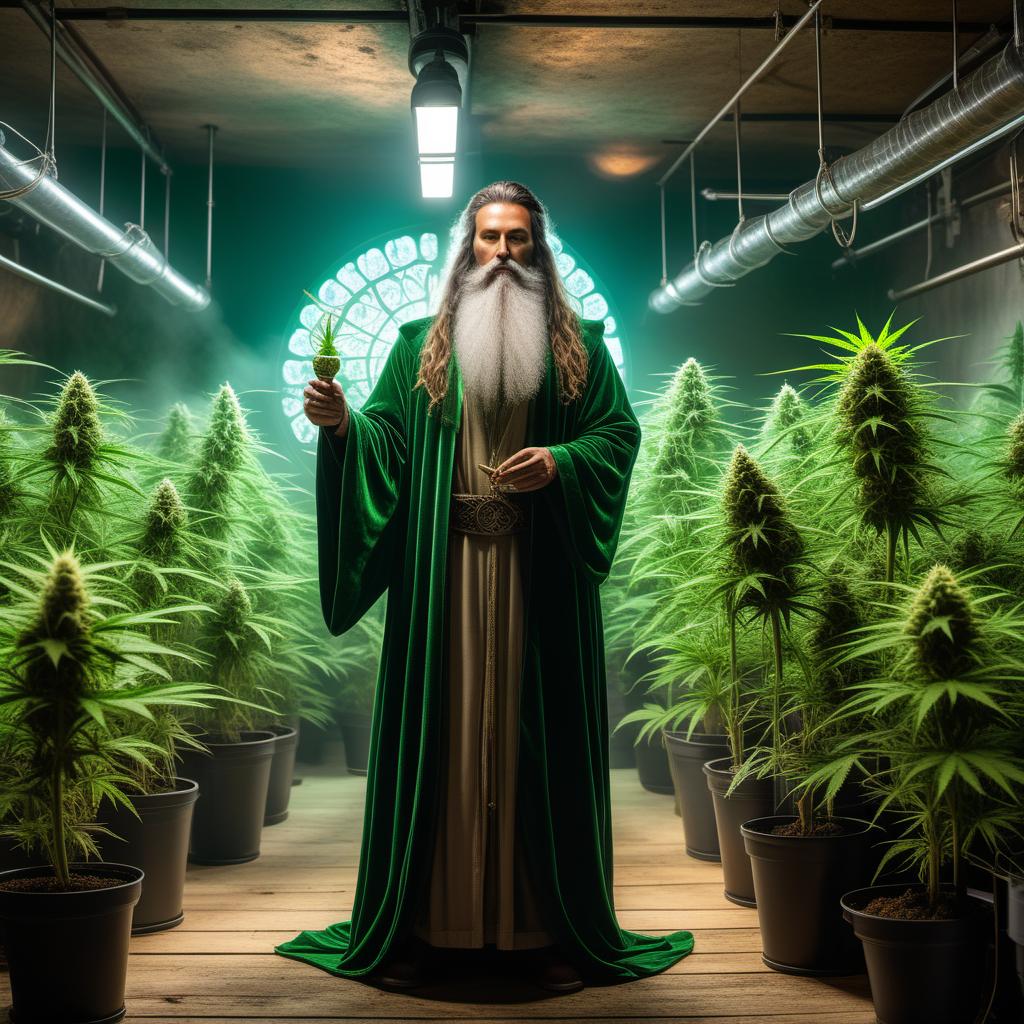  A magical cannabis grow room filled with vibrant, green cannabis plants. The room is illuminated by an ethereal light, giving it a mystical glow. In the center, there is a wizard with a long, flowing beard and robe, holding a staff. Around him, there are various flasks and bottles containing colorful, magical potions. The wizard appears to be casting a spell over the plants, making them grow larger and healthier. The overall atmosphere should be magical and enchanting, combining elements of cannabis cultivation with fantasy and wizardry. hyperrealistic, full body, detailed clothing, highly detailed, cinematic lighting, stunningly beautiful, intricate, sharp focus, f/1. 8, 85mm, (centered image composition), (professionally color graded), ((bright soft diffused light)), volumetric fog, trending on instagram, trending on tumblr, HDR 4K, 8K