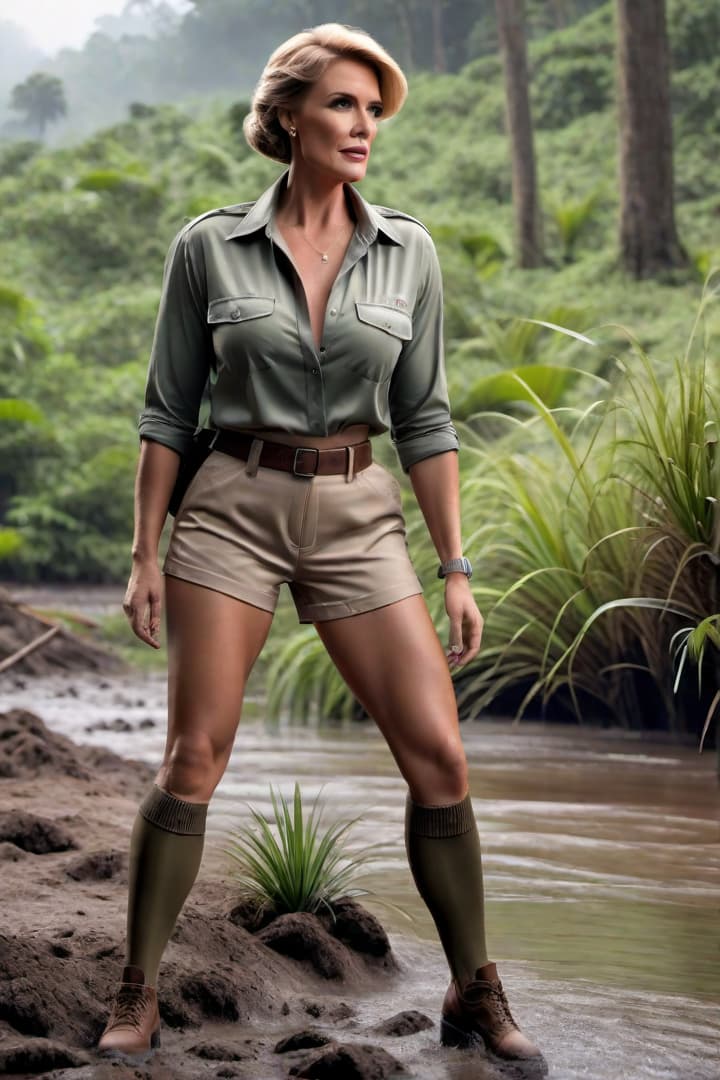  Show a scared era female jungle explorer , Julie Andrews ,wearing her khaki shorts and shirt with khaki knee socks ,standing up to her shoulders in mud hyperrealistic, full body, detailed clothing, highly detailed, cinematic lighting, stunningly beautiful, intricate, sharp focus, f/1. 8, 85mm, (centered image composition), (professionally color graded), ((bright soft diffused light)), volumetric fog, trending on instagram, trending on tumblr, HDR 4K, 8K