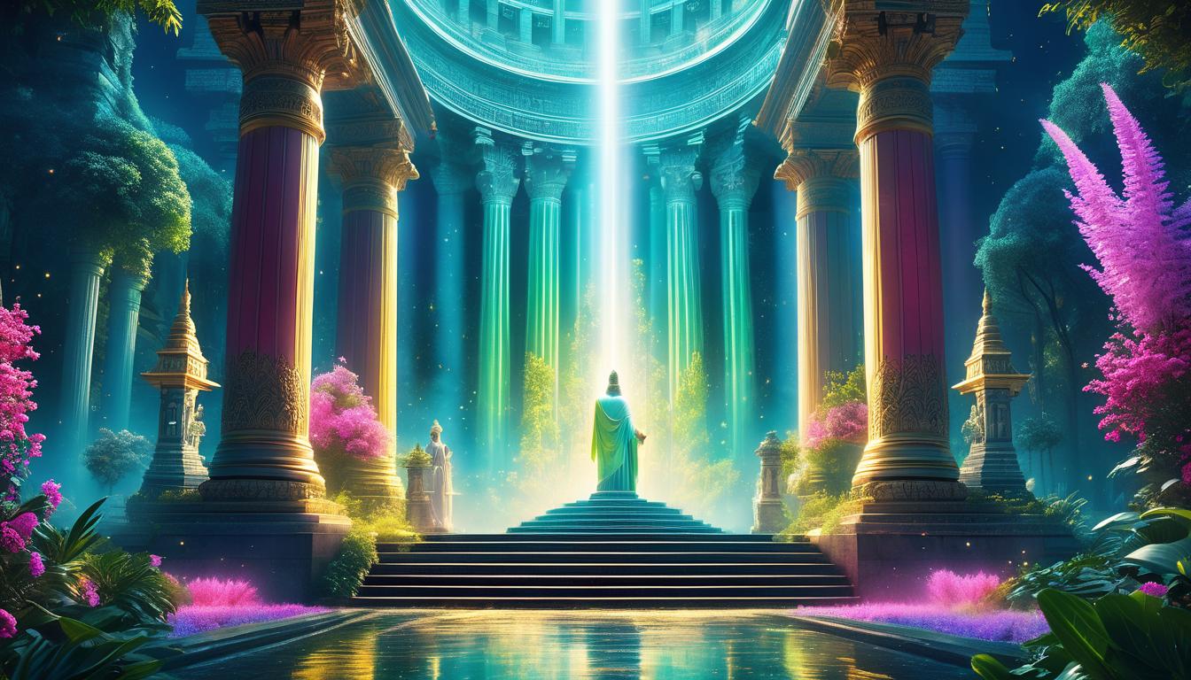  fluorescent dust, fluorescent spraypaint, fluorescent grain, fluorescent make up A grand temple with shining pillars, surrounded by lush gardens. Figures ascending steps towards the temple, glowing with purpose. Angelic beings at the temple's entrance, welcoming with open arms. The scene is divine, purposeful, and serene.dust, cinematic film, best quality, high resolution, realistic, 8k, dynamic angle, serene, extremely detailed, absurdres particle effect, wonderful night dreamlike glowing masterpiece, celestial, detailed, realistic, image concept art, phenomenal mesmerise, maximalist,