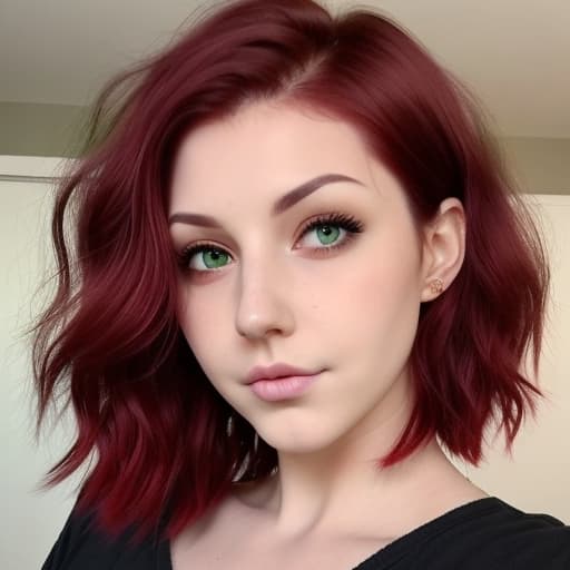  Dyed short dark red hair wavy with green eyes and a nose piercing Funny