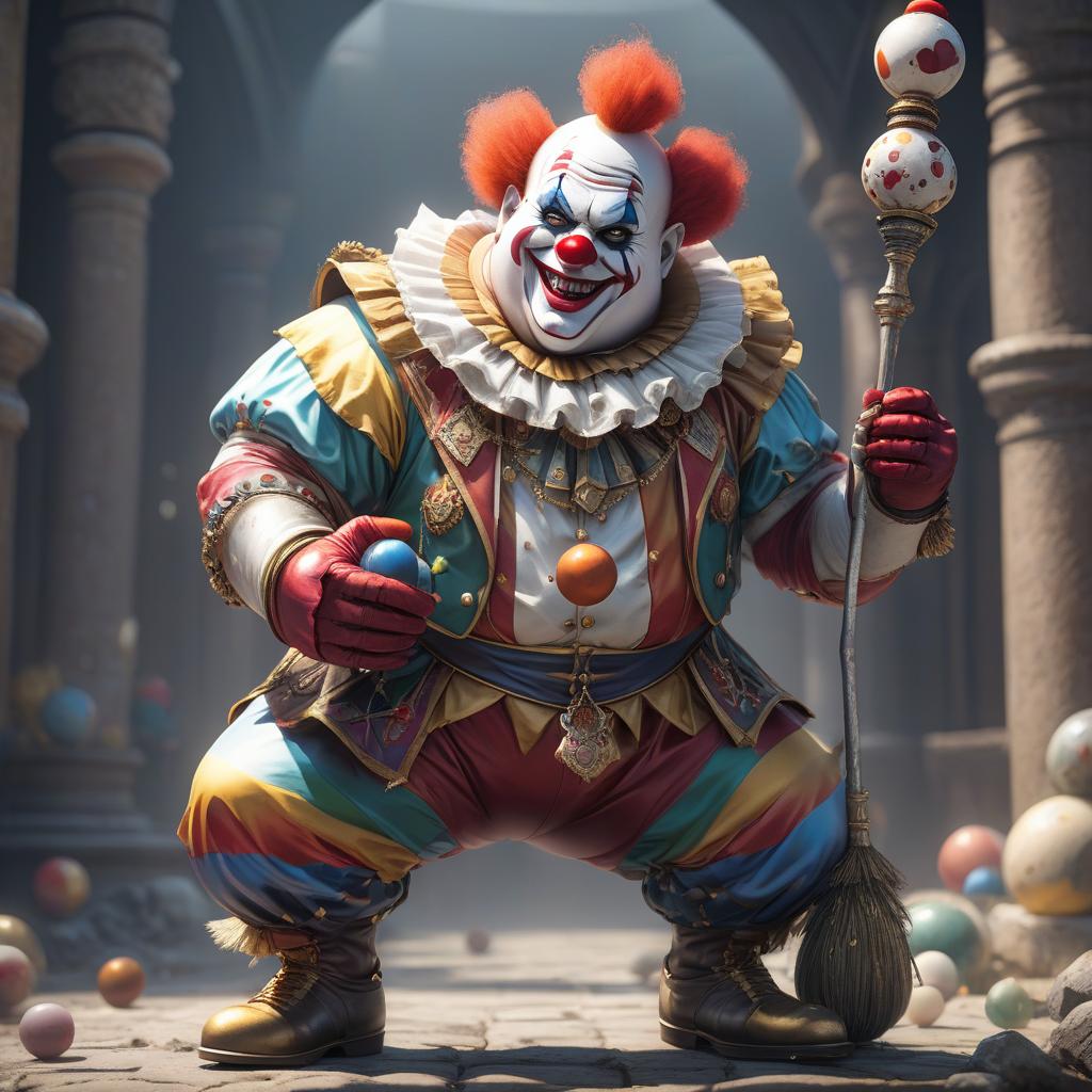  Create a character for DND. He's a fat clown carrying a mace made of marbles. The background is a white canvas. His costume should include a clown outfit painted in one style, and the clown should not be too fat. He should be created in a 3D model style, not a realistic image. His face should have a very friendly expression. hyperrealistic, full body, detailed clothing, highly detailed, cinematic lighting, stunningly beautiful, intricate, sharp focus, f/1. 8, 85mm, (centered image composition), (professionally color graded), ((bright soft diffused light)), volumetric fog, trending on instagram, trending on tumblr, HDR 4K, 8K