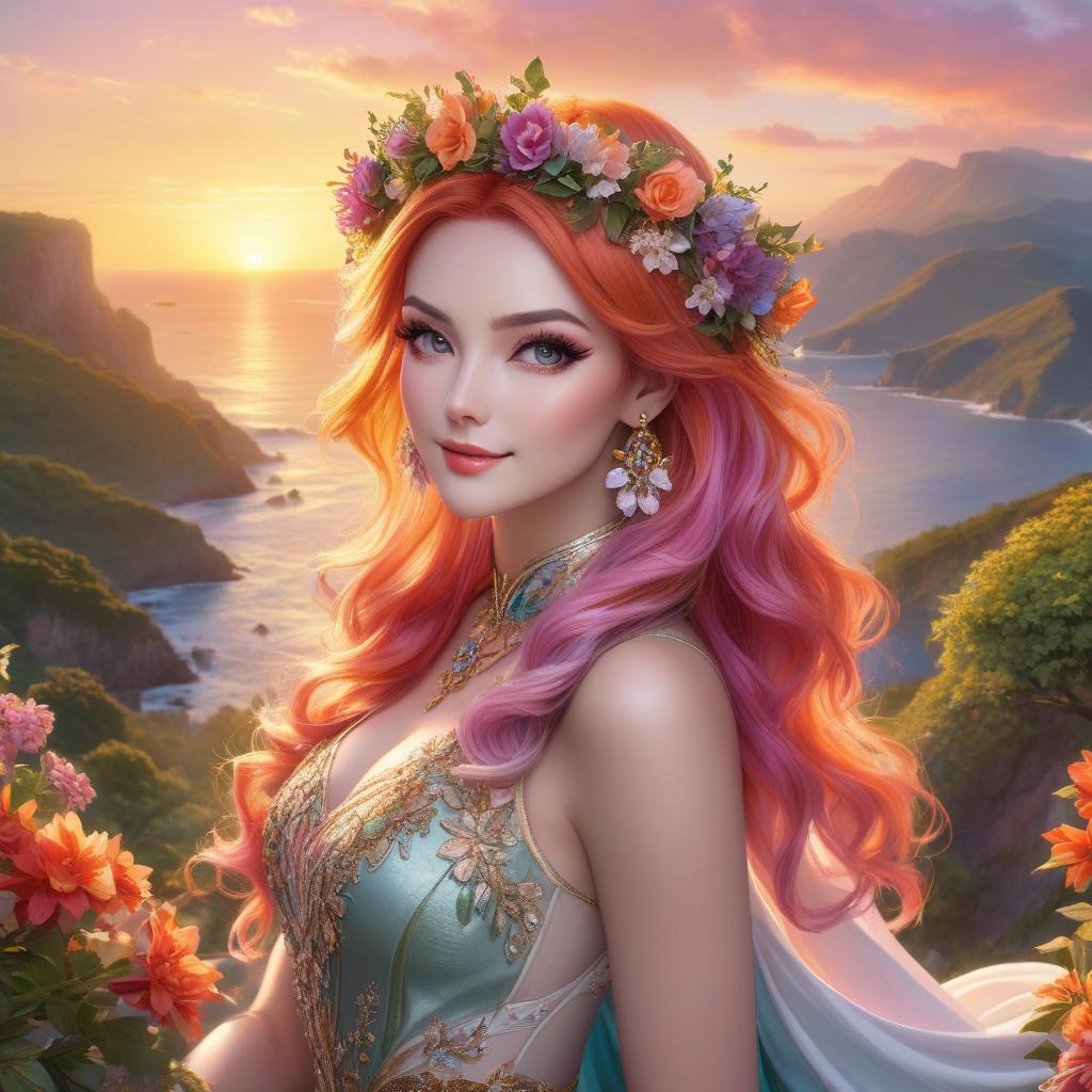  A fantasy depiction of a woman with multicolored hair and a vibrant floral crown set against a picturesque sunset landscape. A captivating summer queen, graced with lovely eyes and a charming smile, her hair a cascade of vibrant hues; set against the serene backdrop of a summertime Pacific scene. hyperrealistic, full body, detailed clothing, highly detailed, cinematic lighting, stunningly beautiful, intricate, sharp focus, f/1. 8, 85mm, (centered image composition), (professionally color graded), ((bright soft diffused light)), volumetric fog, trending on instagram, trending on tumblr, HDR 4K, 8K