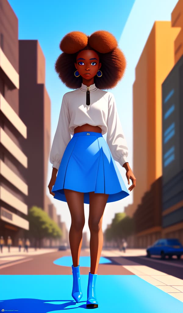 in OliDisco style African American walking down the street looking at the camera from the front with long brown hair wearing a blue miniskirt with black heels