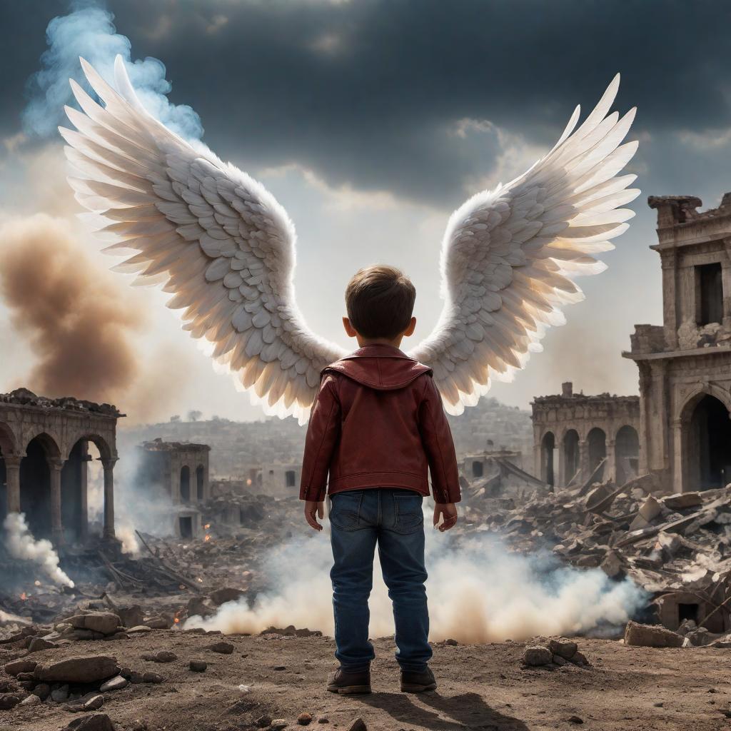  Children with small wings, wearing Palestinian colors, rising towards heaven. The background shows a war-torn landscape with smoke and ruins. The children transform into ethereal angels with glowing auras, looking peaceful despite the chaos below. Text overlay: 'Innocence lost and angels gained 🕊️🌟 Every child's voice, now an echo in heaven. Let's be the change we wish to see in this world. #Peace #StopTheViolence #HeavenlyAngels #Childhood #ViralVideo #PowerfulMessage #EndWarNow'. The visual is emotionally powerful, representing hope, innocence, and the cost of conflict. hyperrealistic, full body, detailed clothing, highly detailed, cinematic lighting, stunningly beautiful, intricate, sharp focus, f/1. 8, 85mm, (centered image composition), (professionally color graded), ((bright soft diffused light)), volumetric fog, trending on instagram, trending on tumblr, HDR 4K, 8K