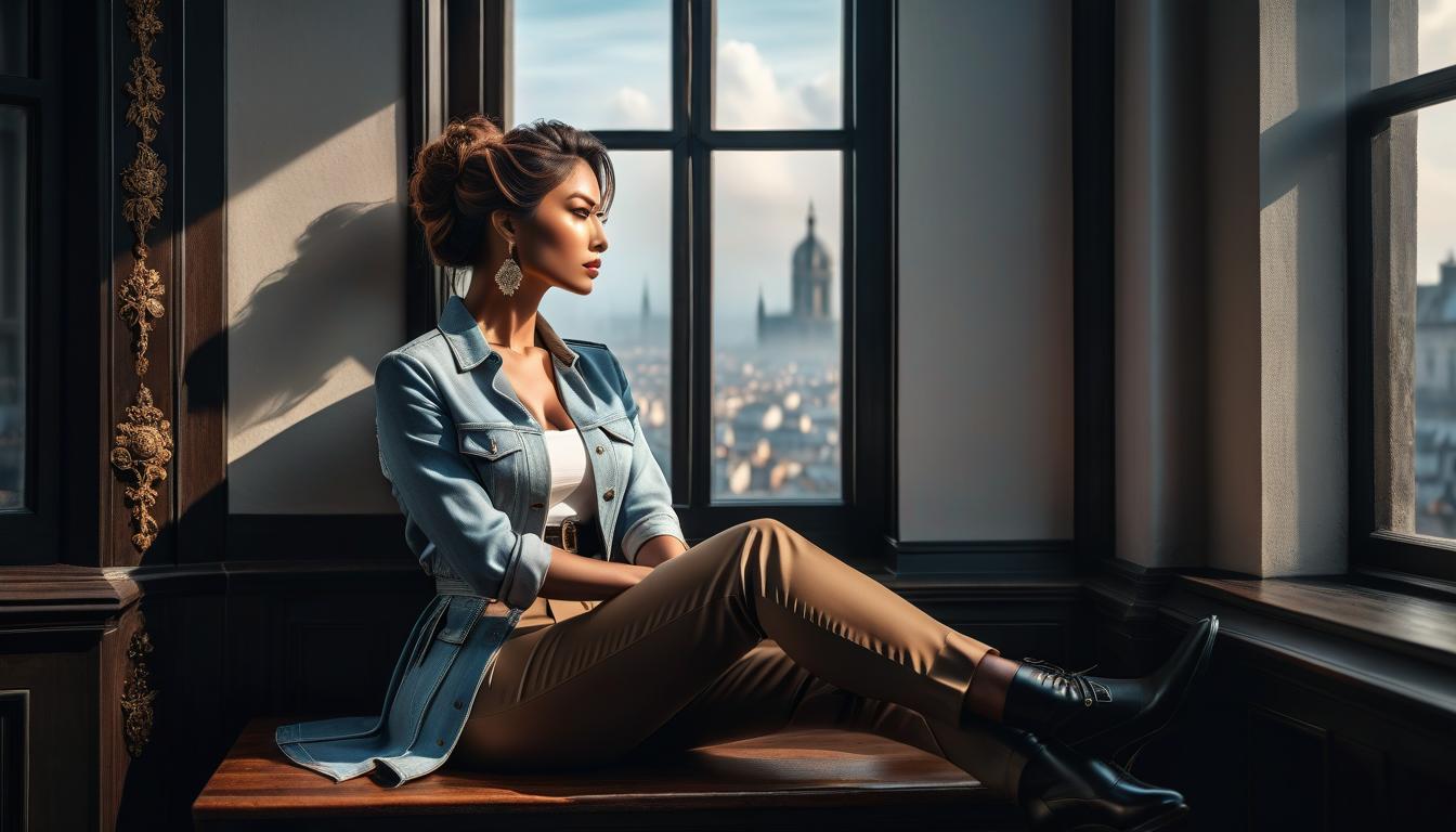   : A young is sitting on a windowsill, lean figure, high detail, photographic quality hyperrealistic, full body, detailed clothing, highly detailed, cinematic lighting, stunningly beautiful, intricate, sharp focus, f/1. 8, 85mm, (centered image composition), (professionally color graded), ((bright soft diffused light)), volumetric fog, trending on instagram, trending on tumblr, HDR 4K, 8K