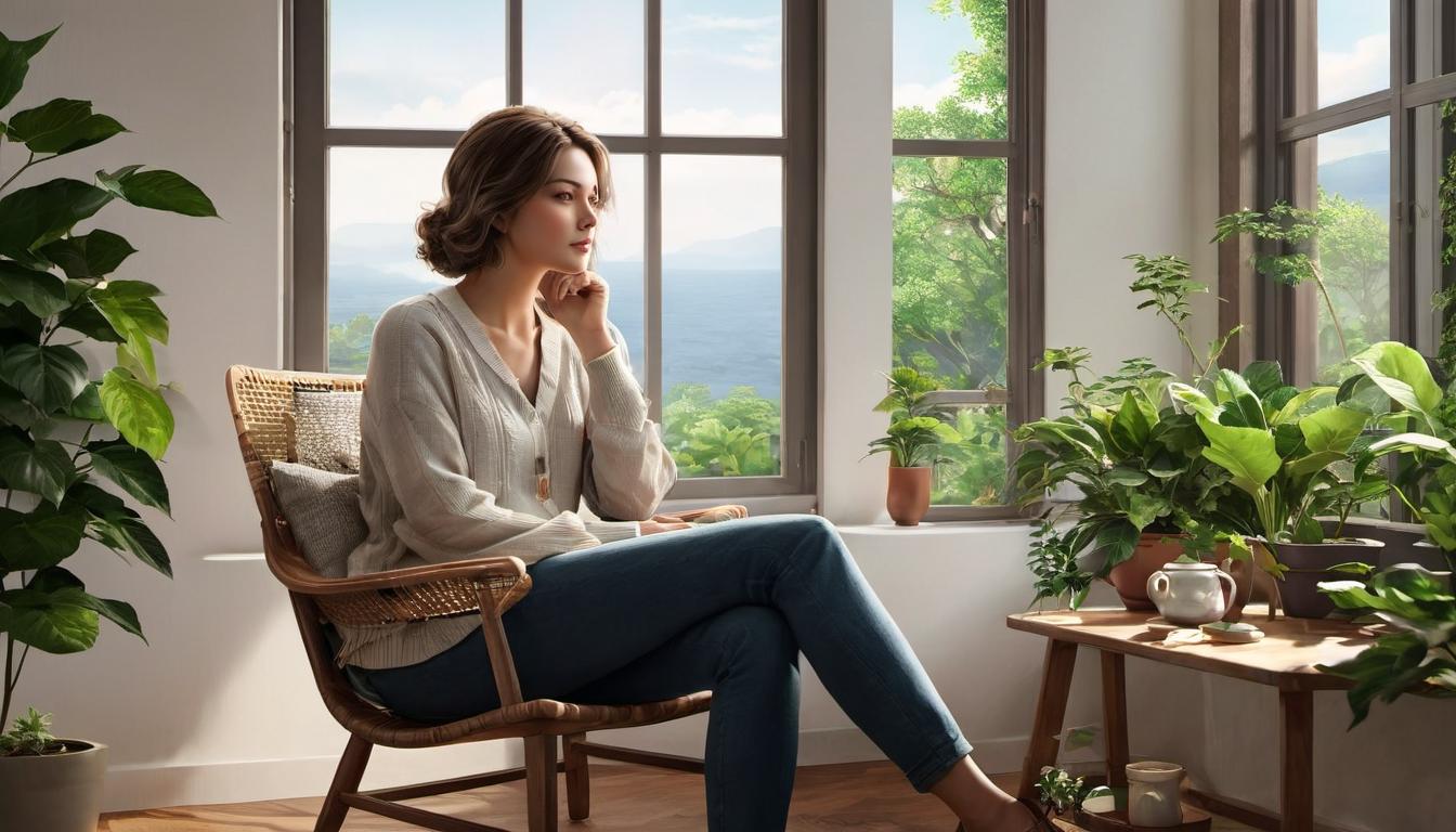  digital illustration, 1woman, gazing out the window, relaxed expression, seated on comfortable chair, cozy home environment, plants on windowsill, evening light, sense of control, calmness, looking at viewer, dynamic pose, (intricate details, masterpiece, best quality)