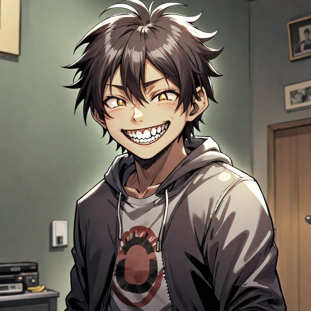  manga artwork Give him an ear to ear big sharp tooth smile. manga artist. manga, highly emotional. best quality, high resolution