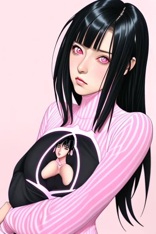  pink background, mature anime girl with black hair, pink and black stripe tight long sleeve with heart cutout at the center, pink heart eyes