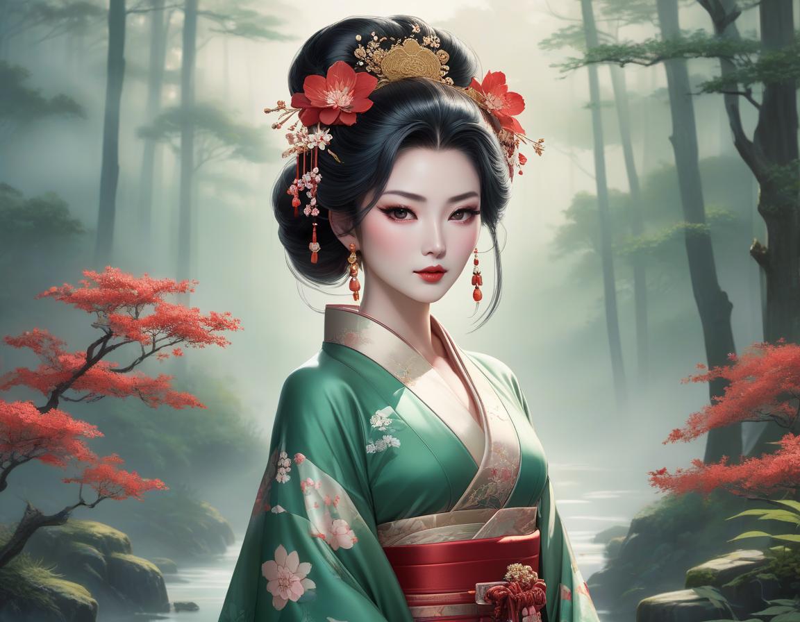  retro game art An illustrated woman in traditional Asian attire with elaborate hairstyle stands before a serene, misty forest landscape with a bridge. Create a digital painting of an ethereal Asian woman with pale skin and delicate facial features, standing amidst a fantastical forest environment. She wears a traditional Japanese kimono in shades of emerald green with floral patterns, accented with crimson and gold borders. Her hair is styled in an elaborate Shimada updo, embellished with intricate hairpins and decorations, including Kanzashi with flowers and dangling ornaments. She glances to her side with almond shaped eyes in a subtle shade, exhibiting softly blushed cheeks and traditional makeup with red accents. The background consists hyperrealistic, full body, detailed clothing, highly detailed, cinematic lighting, stunningly beautiful, intricate, sharp focus, f/1. 8, 85mm, (centered image composition), (professionally color graded), ((bright soft diffused light)), volumetric fog, trending on instagram, trending on tumblr, HDR 4K, 8K