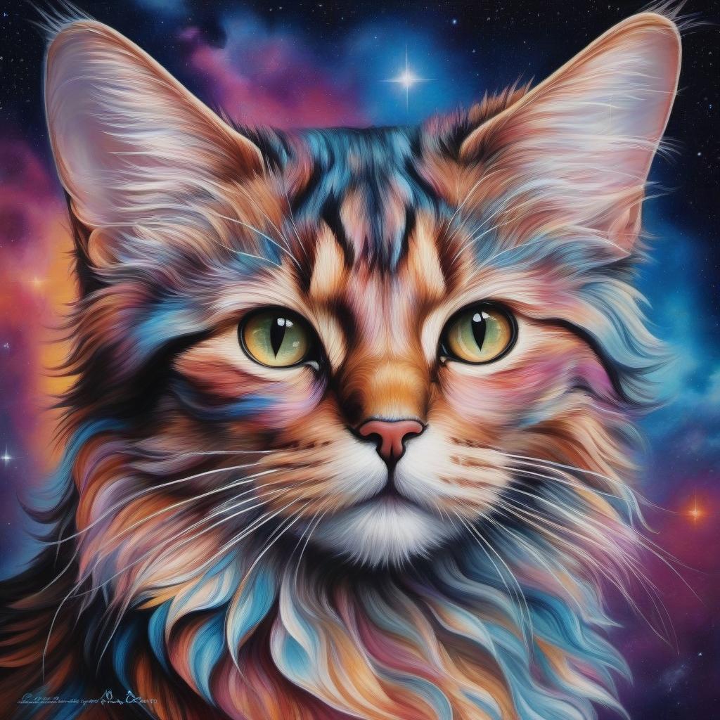  cosmic fairy cat, airbrushing, diamond painting, liquid glass, cosmic color scheme, curls and waves, drawing with colored ink and pen, ultra realistic, very high detail of everything, 4D, extremely detailed, best quality, (Masterpiece:1.5), (best quality:1.5)