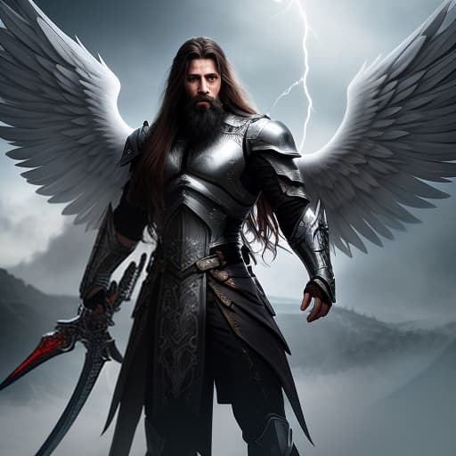  An angel with a beard and long hair, with large gray wings, holding a sword. In the background, a tornado with lightning of various colors. hyperrealistic, full body, detailed clothing, highly detailed, cinematic lighting, stunningly beautiful, intricate, sharp focus, f/1. 8, 85mm, (centered image composition), (professionally color graded), ((bright soft diffused light)), volumetric fog, trending on instagram, trending on tumblr, HDR 4K, 8K