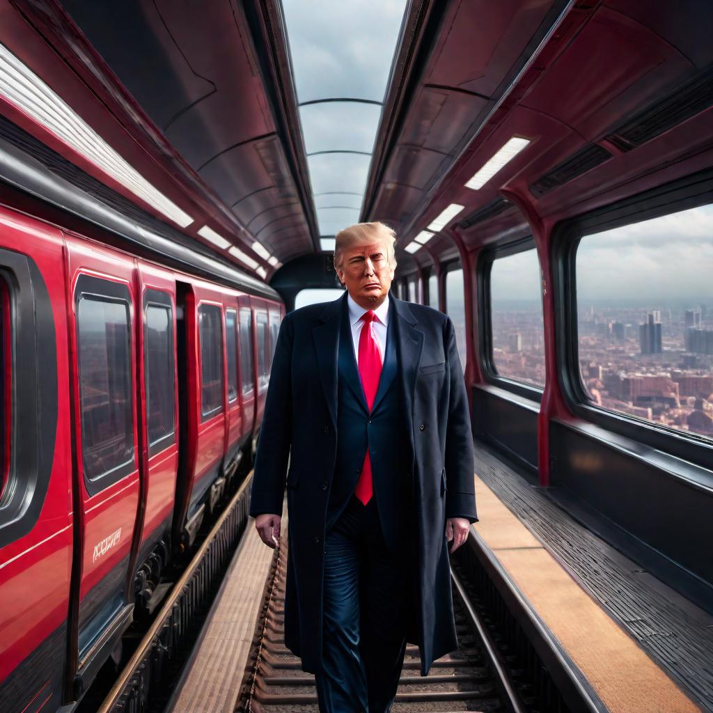  An image of a Generation X train with Donald Trump riding on the top. The train looks modern and futuristic, with sleek lines and advanced technology features. Donald Trump, in his recognizable attire with a dark suit and red tie, is on top of the train, looking confident and perhaps waving or pointing. The background has a dynamic setting, possibly with a vibrant cityscape or open countryside. hyperrealistic, full body, detailed clothing, highly detailed, cinematic lighting, stunningly beautiful, intricate, sharp focus, f/1. 8, 85mm, (centered image composition), (professionally color graded), ((bright soft diffused light)), volumetric fog, trending on instagram, trending on tumblr, HDR 4K, 8K