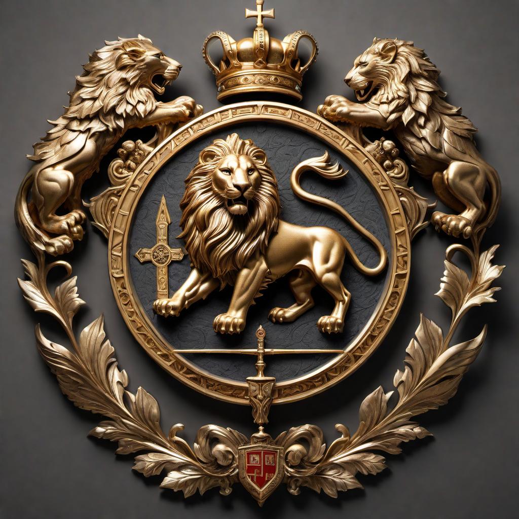  A family crest for the name 'Chambers' with a rich and intricate design. The crest should feature traditional heraldic elements such as a shield, a helmet, and a banner. The shield could be divided into quadrants featuring symbols that represent strength, honor, and heritage. Elements such as a lion, an oak tree, and a castle could be included. The colors should be bold and traditional, with gold accents to signify prestige and legacy. The design should feel historic and dignified, while also being visually striking. hyperrealistic, full body, detailed clothing, highly detailed, cinematic lighting, stunningly beautiful, intricate, sharp focus, f/1. 8, 85mm, (centered image composition), (professionally color graded), ((bright soft diffused light)), volumetric fog, trending on instagram, trending on tumblr, HDR 4K, 8K