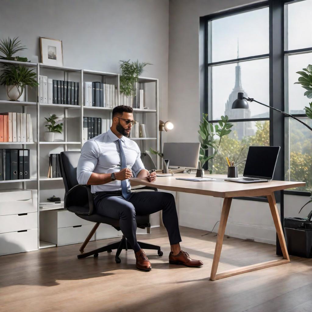  A picture with an office background. The photo should be edited to make the person look 10 years younger. The image should have natural lighting and elements like a desk, chair, computer, and bookshelves in the office background. hyperrealistic, full body, detailed clothing, highly detailed, cinematic lighting, stunningly beautiful, intricate, sharp focus, f/1. 8, 85mm, (centered image composition), (professionally color graded), ((bright soft diffused light)), volumetric fog, trending on instagram, trending on tumblr, HDR 4K, 8K